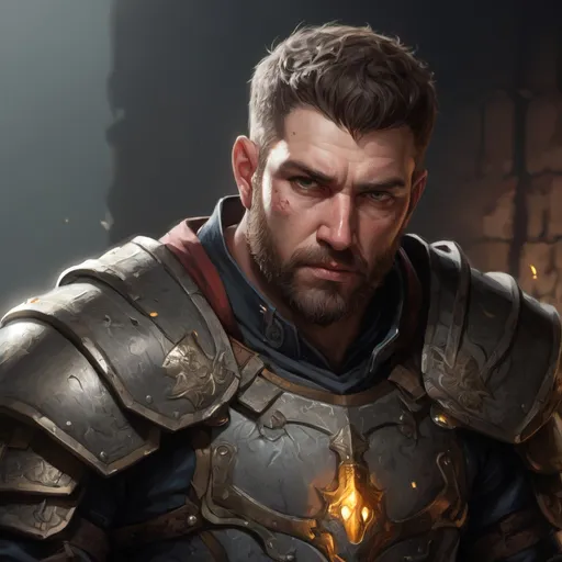 Prompt: Male stocky large mature paladin with short-cut hair and beard, engaged in combat inside of a dark dungeon, pathfinder, d&d setting, in a realistic high quality digital art style, enhanced shadow quality, colorful