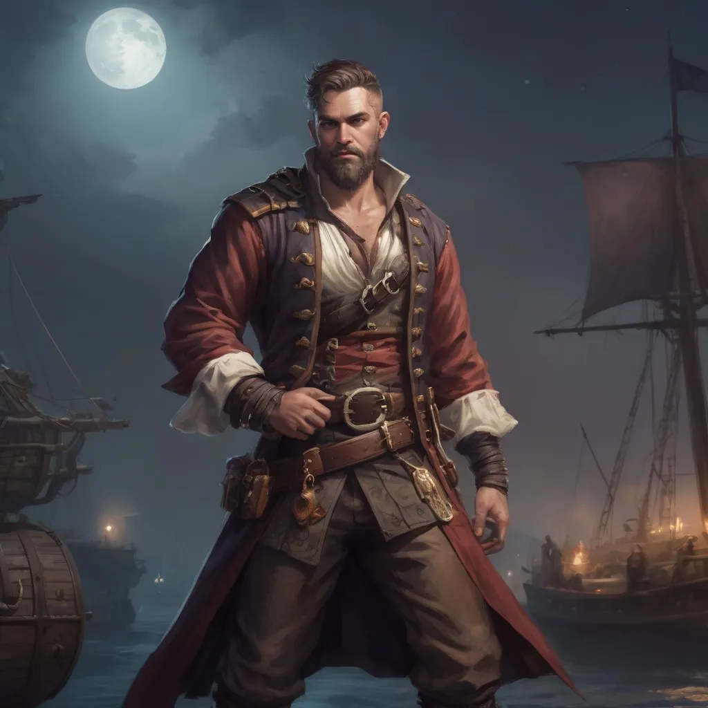 Prompt: (Full body) male stocky heavy-set pirate mage with short hair and beard, on a ship by land at night, pathfinder, d&d setting, in a realistic high quality digital art style