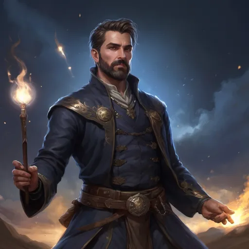Prompt: Male stocky heavy-set argentinian royal magus with short-cut hair and beard, casting a magic-spell on a windy field at night, pathfinder, d&d setting, in a realistic high quality digital art style, enhanced shadow quality
