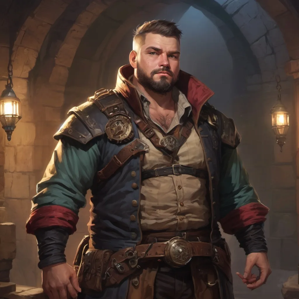Prompt: Male stocky beefy fat steampunk rogue with short-cut hair and beard, big belly, inside a temple dungeon at night, pathfinder, d&d setting, in a realistic high quality digital art style, enhanced shadow quality
