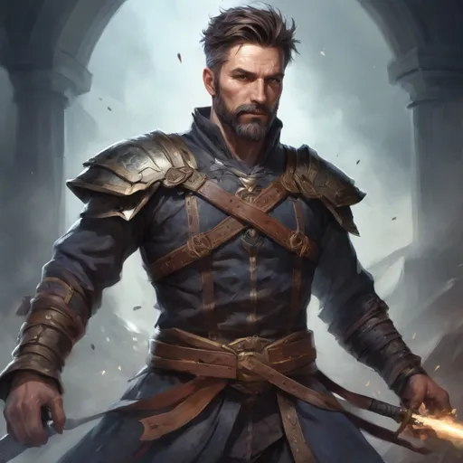 Prompt: (torso) Male heavy-set mature fit magical summoner with short-cut hair and beard, holding fantasy-weapon, in movement, in a windy battlefield, pathfinder, d&d setting, enhanced shadow quality