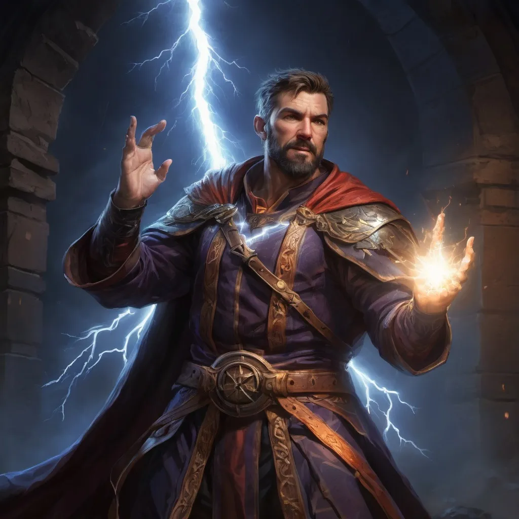 Prompt: (torso) Male stocky large muscular mature sorcerer with short-cut brown hair and beard, engaged in combat casting a lightning spell inside of a dark dungeon, pathfinder, d&d setting, in a realistic high quality digital art style, enhanced shadow quality, wearing colorful robes