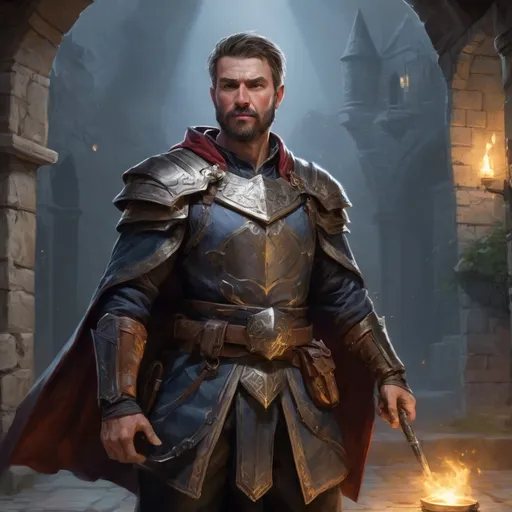Prompt: Male stocky large mature fit battle-mage with short-cut hair and beard, engaged in combat casting a light spell in a castle courtyard at night, pathfinder, d&d setting, realistic, enhanced shadow quality