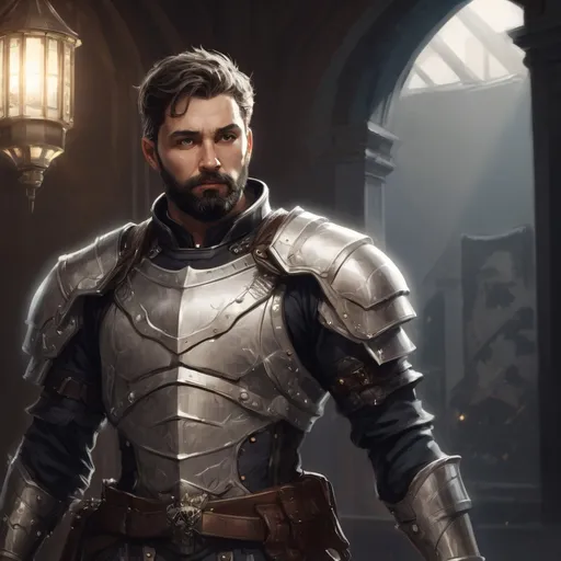 Prompt: Male stocky hairy sneaky spy in white light-armour with short hair and beard, exploring a dark mansion, pathfinder, d&d setting, in a realistic high quality digital art style, enhanced shadow quality, colorful