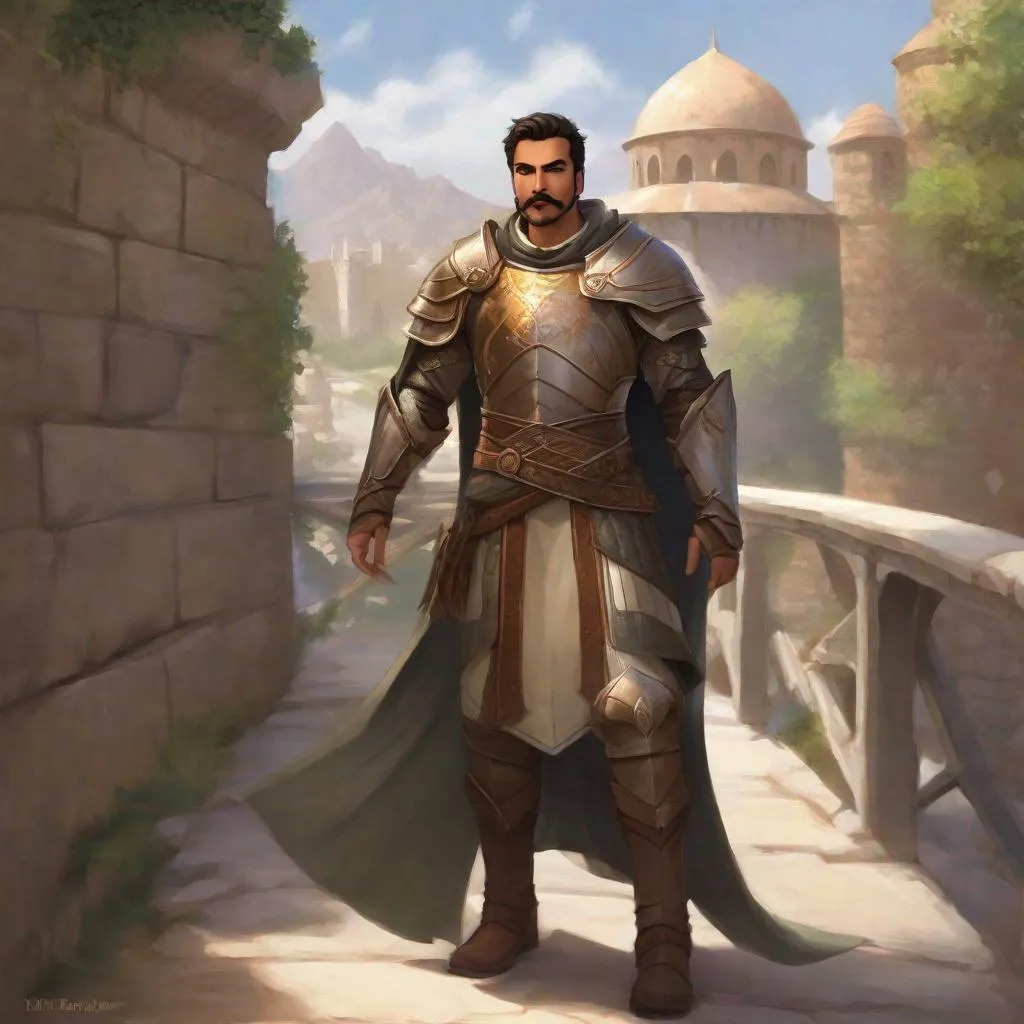 Prompt: (Full body) A broad-chested large arab male paladin with short-cut hair a mustache and stubble, pathfinger,  heavy-armor, magic swirl, dungeons and dragons, hairy chest, brown boots, fantasy setting, on a small town bridge, in a painted style realistic art