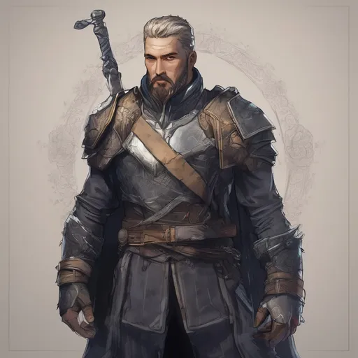 Prompt: (Full body) male stocky young royal noble with grey short-cut hair and beard, in a dark room, pathfinder, d&d setting, in a realistic digital art style