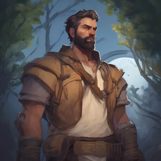 Prompt: (Full body) male stocky big-chested hairy-chested paladin with short hair and beard, open shirt, in nature at night, pathfinder, d&d setting, in a realistic digital art style