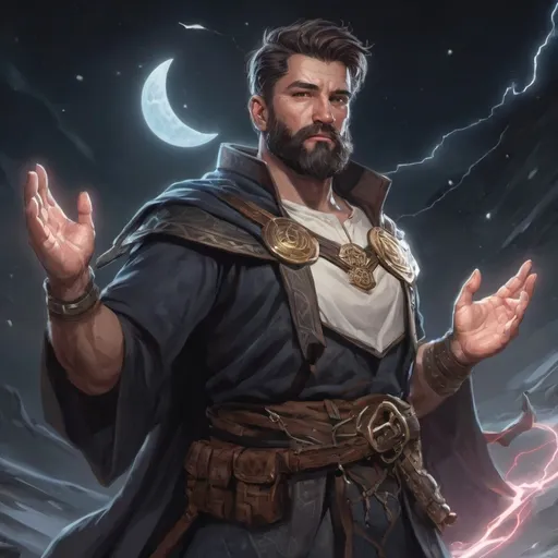 Prompt: (Torso) Male stocky heavy-set large fit cleric with short-cut hair and beard, hairy chest, casting a healing-spell out of hands, in a windy valley at night, pathfinder, d&d setting, enhanced shadow quality, colourful