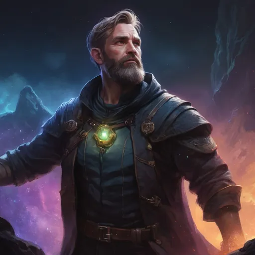 Prompt: Male stocky large mature irish transmuter with short-cut hair and beard, exploring a dark astral plane, pathfinder, d&d setting, in a realistic high quality digital art style, enhanced shadow quality, colorful