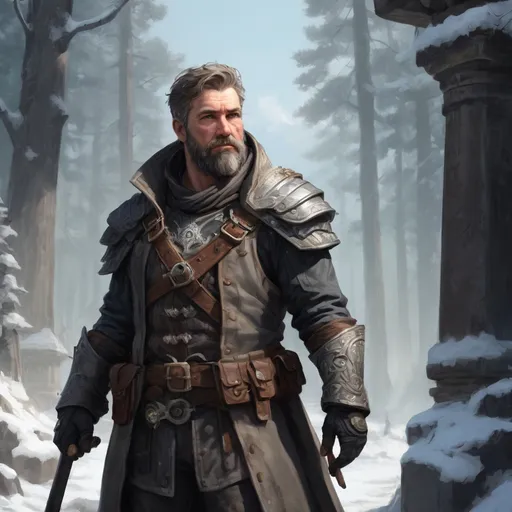 Prompt: Male stocky mature noble marksman, with short hair and beard, standing on an old temple in a winter forest, pathfinder, d&d setting, in a realistic high quality digital art style, enhanced shadow quality, colorful
