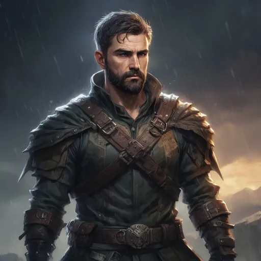 Prompt: Male stocky heavy-set mature fantasy-ranger with short-cut hair and beard, in a storm at night, pathfinder, d&d setting, in a realistic high quality digital art style, enhanced shadow quality