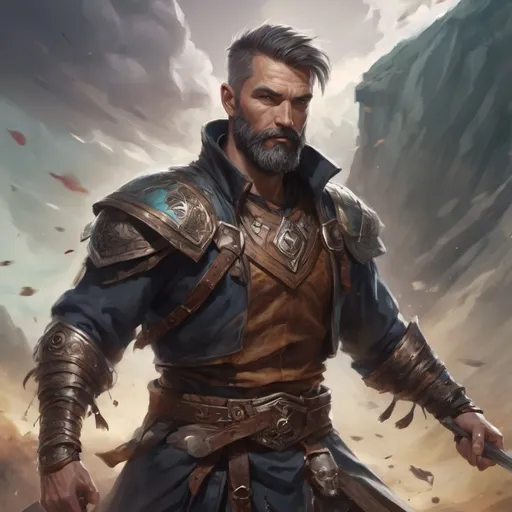 Prompt: (torso) Male heavy-set mature fit magical druid with short-cut hair and beard, holding fantasy-weapon, in movement, in a windy battlefield, pathfinder, d&d setting, enhanced shadow quality