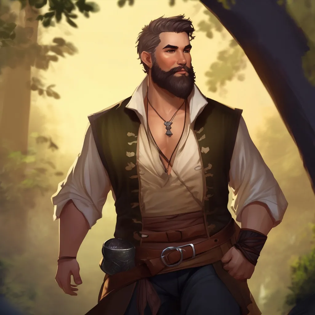 Prompt: (Full body) male stocky flirty bard with short hair and beard, open shirt, in dark lit nature background, pathfinder, d&d setting, in a realistic digital art style