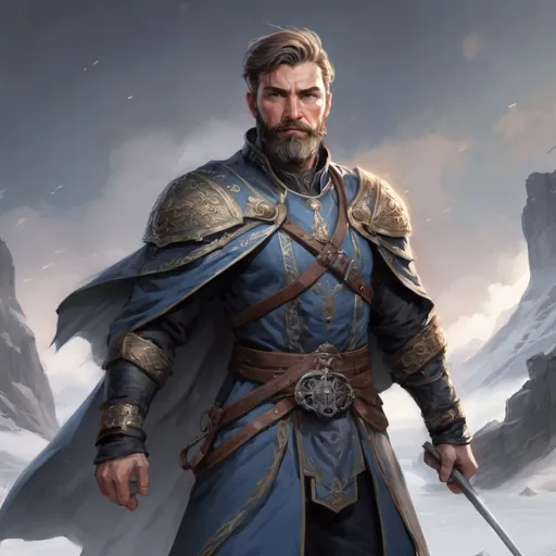 Prompt: Male stocky heavy-set finnish royal magus with short-cut hair and beard, on a windy battlefield, pathfinder, d&d setting, in a realistic high quality digital art style, enhanced shadow quality