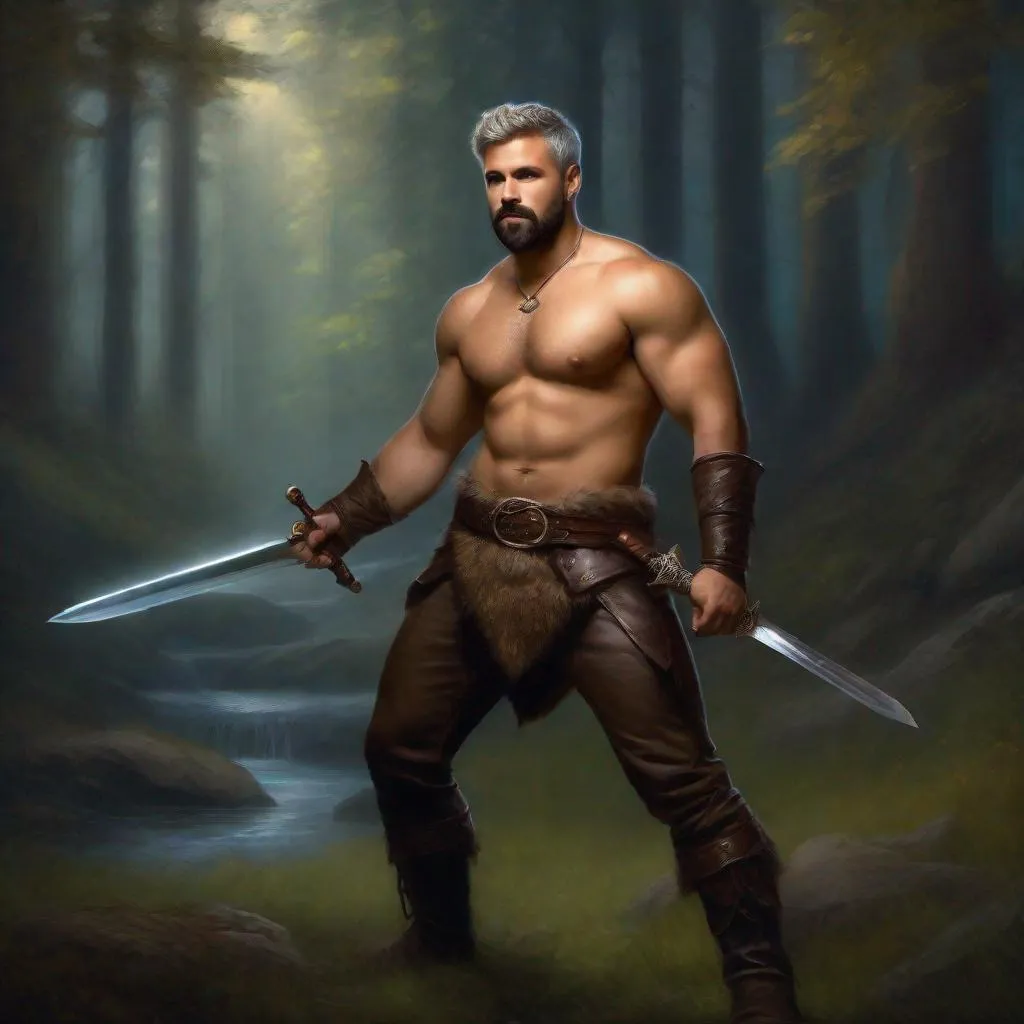 Prompt: (Full body) a fuzzy hairy-chested gay bear fighter with short beard  grey short-cut hair no shirt on, belt, boots, leather pants, holding a sword, standing in a forest glade at night, fantasy setting, dungeons & dragons, in a painted style realistic art