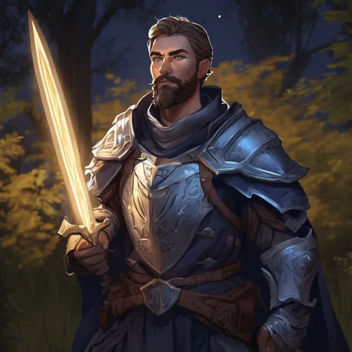 Prompt: (Full body) male paladin with short hair and beard, in nature at night, pathfinder, d&d setting, in a realistic digital art style