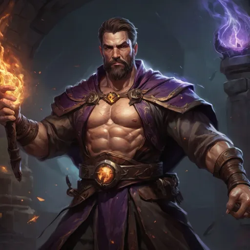 Prompt: (torso) Male stocky large muscular mature sorcerer with short-cut brown hair and beard, engaged in combat casting a magical spell inside of a dark dungeon, pathfinder, d&d setting, in a realistic high quality digital art style, enhanced shadow quality, wearing colorful robes