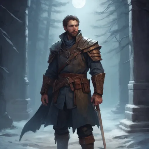 Prompt: Male stocky mature swordsman, with short hair and beard, standing on a plautou of an old temple in a barren winter forest at night, pathfinder, d&d setting, in a realistic high quality digital art style, enhanced shadow quality, colorful