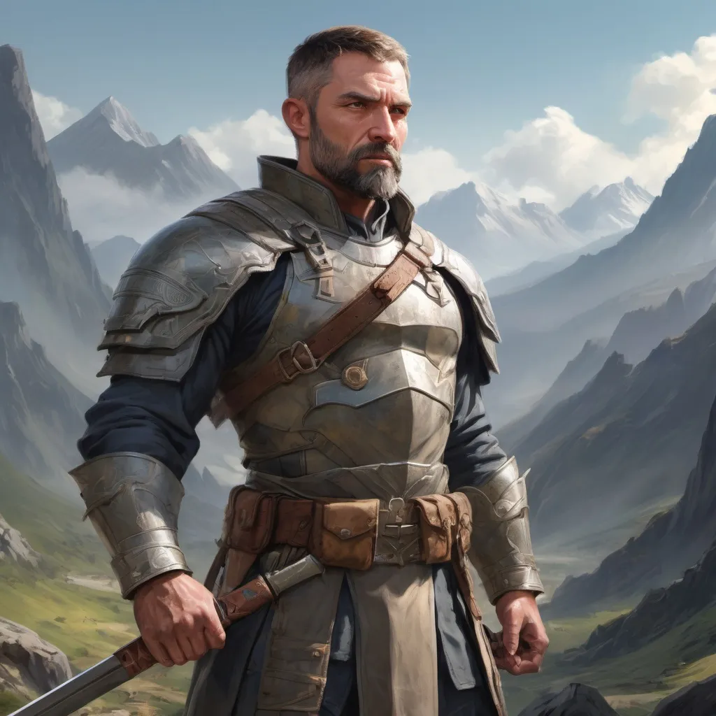 Prompt: Male heavy-set mature spearman with short-cut hair and beard, holding weapon, in a mountain valley, in combat, pathfinder, d&d setting, in a realistic high quality digital art style, enhanced shadow quality