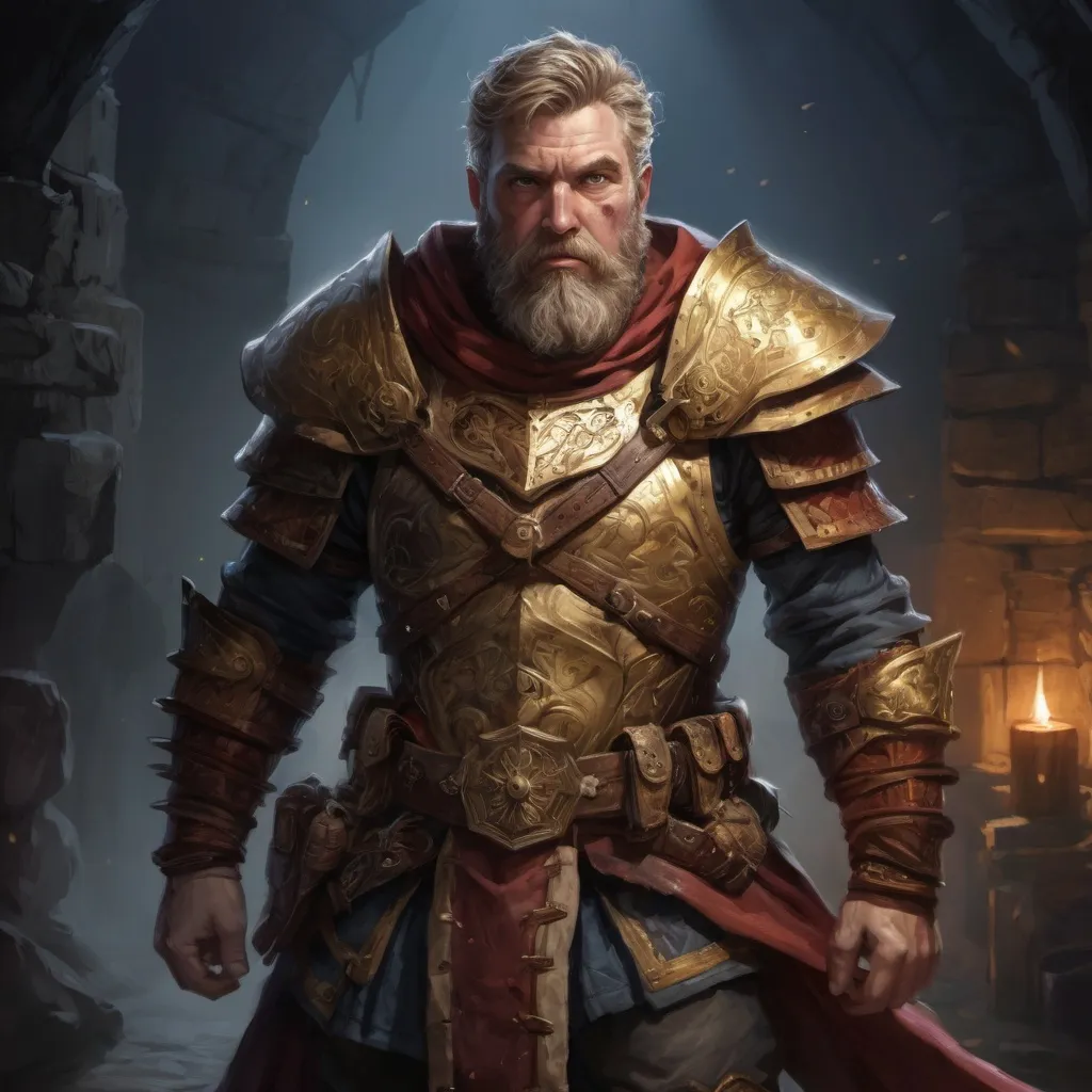Prompt: Male stocky hairy mature warrior in  a breastplate, with short dark-blonde hair and beard, exploring a dark dungeon, pathfinder, d&d setting, in a realistic high quality digital art style, enhanced shadow quality, colorful