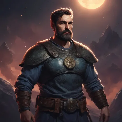 Prompt: Male stocky large mature greek transmuter with short-cut hair and beard, exploring a dark astral plane, pathfinder, d&d setting, in a realistic high quality digital art style, enhanced shadow quality, colorful