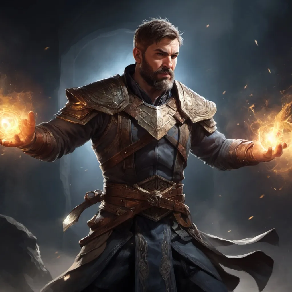 Prompt: Male stocky large mature fit battle-mage with short-cut hair and beard, engaged in combat casting a light spell in a dark room, pathfinder, d&d setting, realistic, enhanced shadow quality