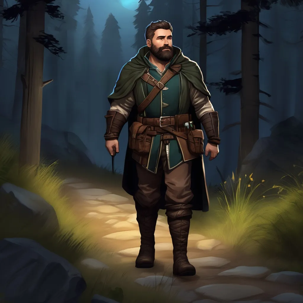 Prompt: (Full body) male stocky ranger with short hair and beard, hairy-chest, in a black forest path at night, pathfinder, d&d setting, in a realistic digital art style