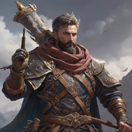 Prompt: (torso) Male heavy-set mature fit magical bard with short-cut hair and beard, holding fantasy-weapon , in a windy battlefield, pathfinder, d&d setting, enhanced shadow quality