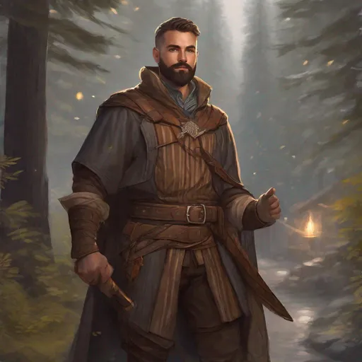 Prompt: (Fullbody) male adult transmuter manly face short-hair grey stripes, bearded, leather shirt open shirt, heavy belt , swirly magic, brown boots, cloak, pathfinder, dungeons and dragons, outside a town by a forest at night, holding a weapon, in a painted style, realistic