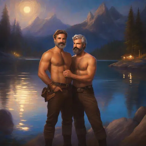 Prompt: (Fullbody) two adult male explorers manly face one with brown short-hair and beard other one with grey short-hair and mustache, both with no shirt and very hairy chest, fantasy setting, swirly magic light in the background, touching and each other, by a lake at nighttime, in a painted style, realistic