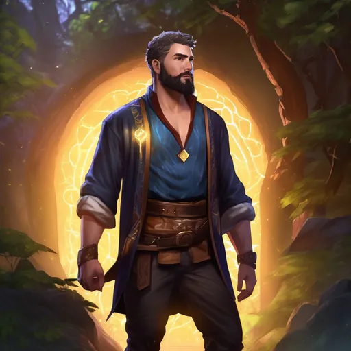 Prompt: (Full body) male stocky magical time-mage with short hair and beard, open shirt, in dark lit nature background, pathfinder, d&d setting, in a realistic digital art style