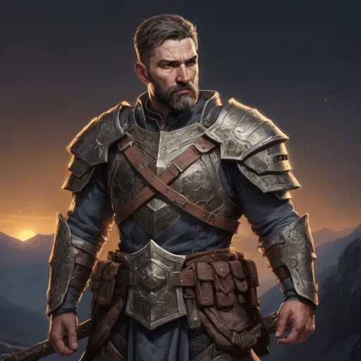 Prompt: (head and torso) Male heavy-set mature holy-paladin with short-cut hair and beard, holding weapon, in a mountain valley at night, in combat, pathfinder, d&d setting, in a realistic high quality digital art style, enhanced shadow quality