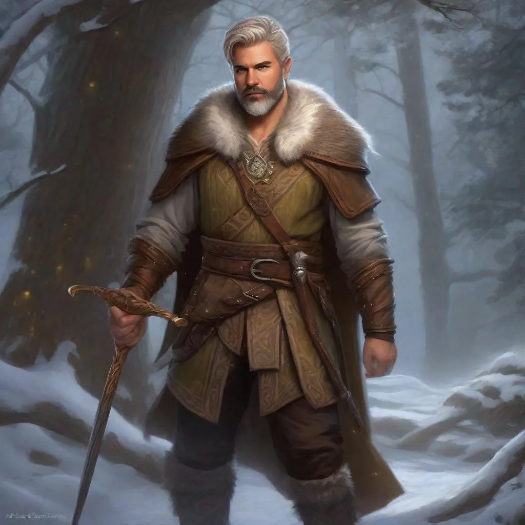 Prompt: (Full body) A male druid hairy bare chest short-cut salt and pepper hair with short-beard manly face, pathfinder, magic swirl, holding weapon, dungeons and dragons, brown boots, fantasy setting, standing in a forest glade at night, in a painted style realistic art