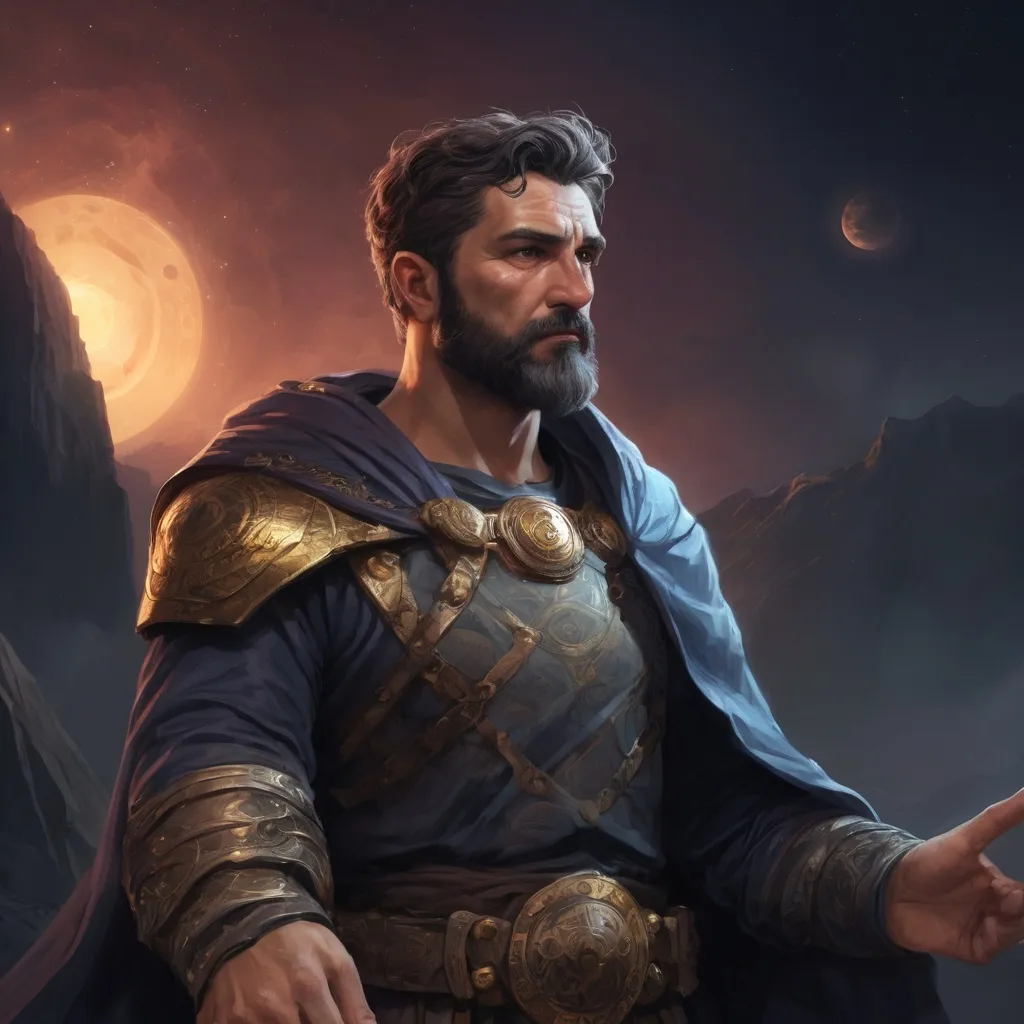 Prompt: Male stocky large mature greek oracle with short-cut hair and beard, exploring a dark astral plane, pathfinder, d&d setting, in a realistic high quality digital art style, enhanced shadow quality, colorful