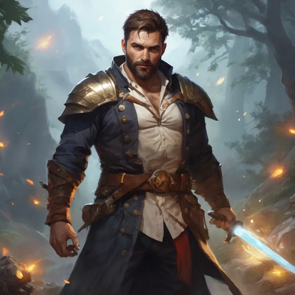 Prompt: Male stocky large fat templar with short-cut hair and beard, open shirt hairy chest, in combat casting a magic-ray out of hands in nature at night, pathfinder, d&d setting, in a realistic high quality digital art style, enhanced shadow quality, colorful