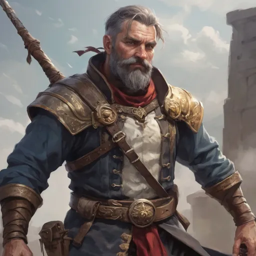 Prompt: (torso) Male heavy-set mature fit bard with short-cut hair and beard, holding fantasy-weapon , in a windy battlefield, pathfinder, d&d setting, enhanced shadow quality