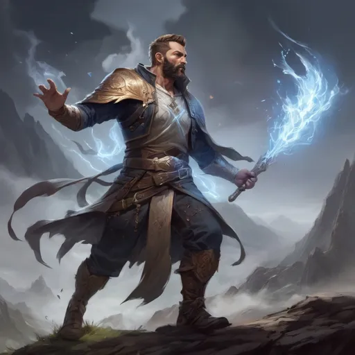 Prompt: Male heavy-set mature muscular Summoner with short-cut hair and beard, casting magic, in a windy valley in a battle, pathfinder, d&d setting, enhanced shadow quality