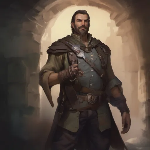 Prompt: (Full body) male stocky big-chested ranger with short hair and mustache,  in a dark room, pathfinder, d&d setting, in a realistic digital art style