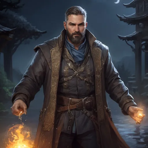 Prompt: male stocky heavy-built handsome bandit-magus with short hair and beard, wearing magic coat, casting a water-spell, by a small village at night, pathfinder, d&d setting, in a realistic high quality digital art style