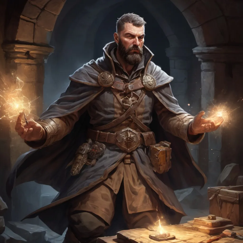 Prompt: (head and torso) Male stocky large mature alchemist with short-cut brown hair and beard, engaged in combat casting a light spell inside of a dark dungeon, pathfinder, d&d setting, in a realistic high quality digital art style, enhanced shadow quality
