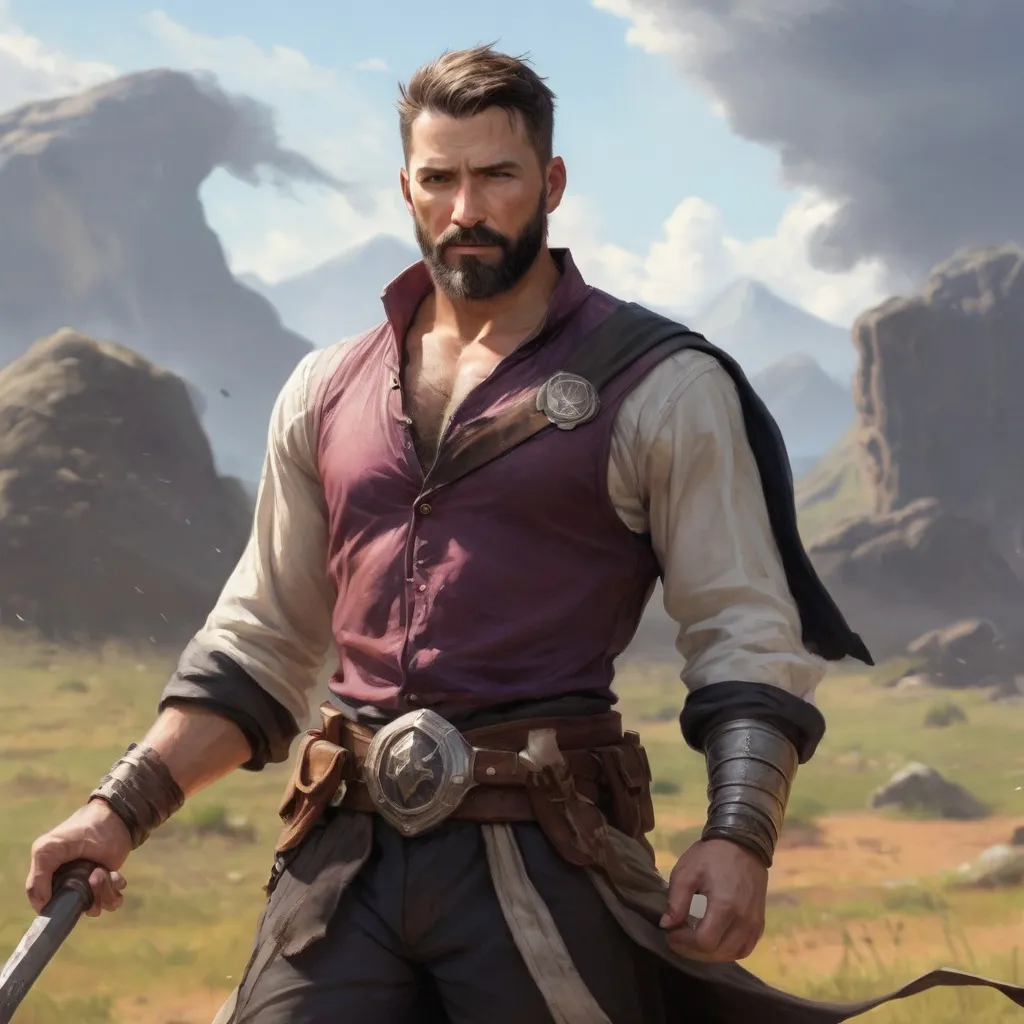 Prompt: (head and torso) Male heavy-set fit 35-year old hunky wizard with short-cut hair and beard, hairy chest (chest hair), open shirt, holding magic-spell in hand, on a windy battlefield, pathfinder, d&d setting, enhanced shadow quality