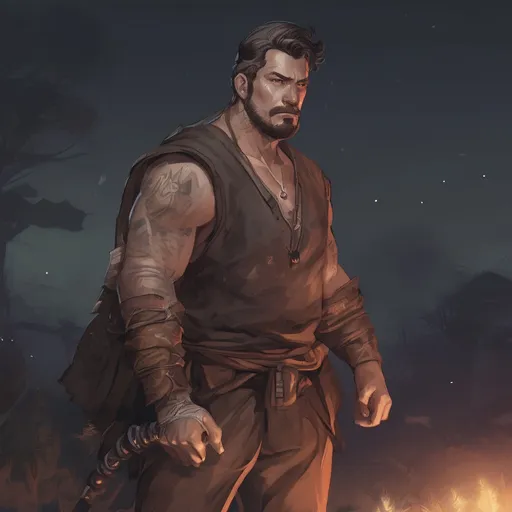 Prompt: (Full body) male manly stocky martial fighter with dark short-cut hair and beard, open shirt, hairy chest, in nature at night, pathfinder, d&d setting, in a realistic digital art style