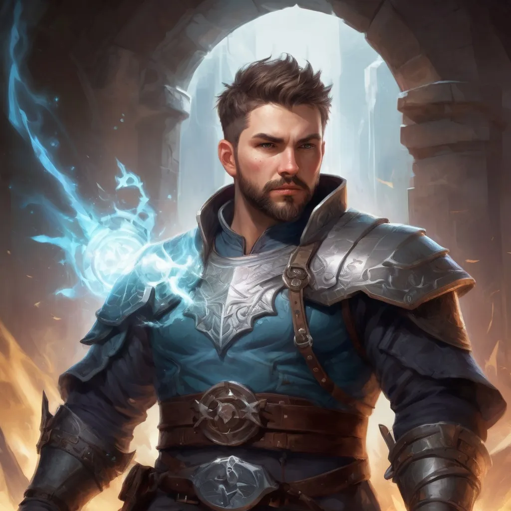 Prompt: (torso) Male stocky large handsome battle-mage with short-cut hair and beard, in combat, casting a white-spell inside a dungeon, pathfinder, d&d setting, in a realistic high quality digital art style, enhanced shadow quality