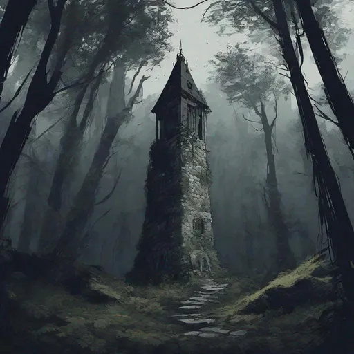 Prompt: A runied forgotten tower in a dark forest