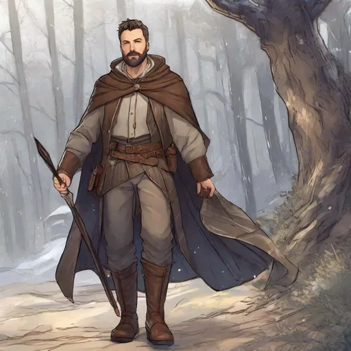 Prompt: (Fullbody) hairy manly mage face looks like older ben affleck, short-hair grey stripes, short-bearded, leather shirt, open shirt, heavy belt, swirly magic from staff, brown boots, cloak, pathfinder, dungeons and dragons, monocle, outside a town by a forest at night, holding a weapon, in a painted style, realistic
