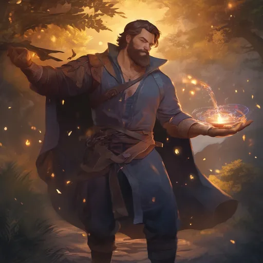 Prompt: (Full body) male stocky summoner with short hair and beard, big arms, in nature at night, casting a big magical swirly spell, pathfinder, d&d setting, in a realistic digital art style