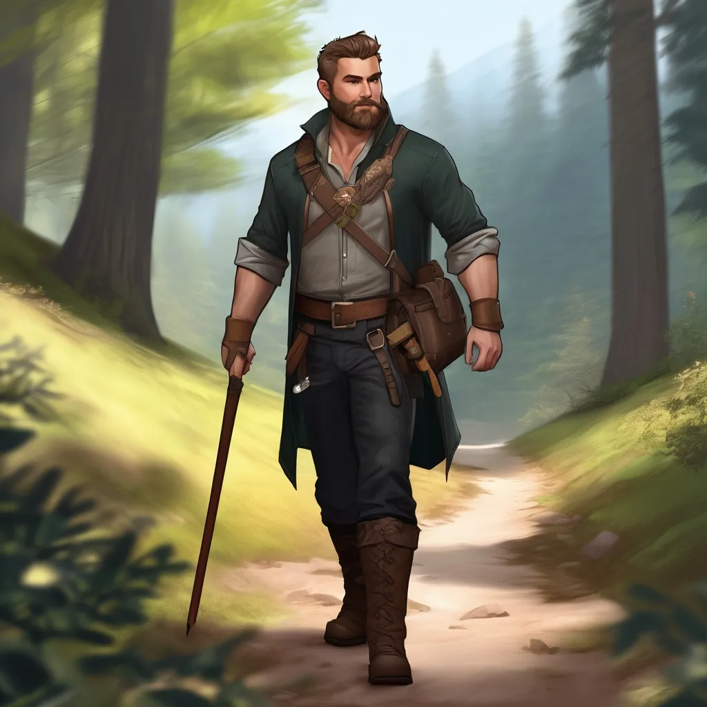 Prompt: (Full body) male stocky hunter with short hair and beard, open shirt, hairy-chest, in a black forest path, pathfinder, d&d setting, in a realistic digital art style