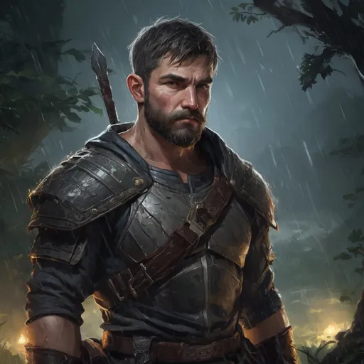 Prompt: Male stocky muscular mature warrior, with short hair and beard, in a dark thicket by a battlefield at night in a rainstorm, pathfinder, d&d setting, in a realistic high quality digital art style, enhanced shadow quality, colorful