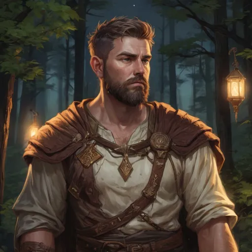 Prompt: Male stocky heavy-set fantasy-druid with short-cut hair and beard, outside of fantasy forest at night, pathfinder, d&d setting, in a realistic high quality digital art style, enhanced shadow quality