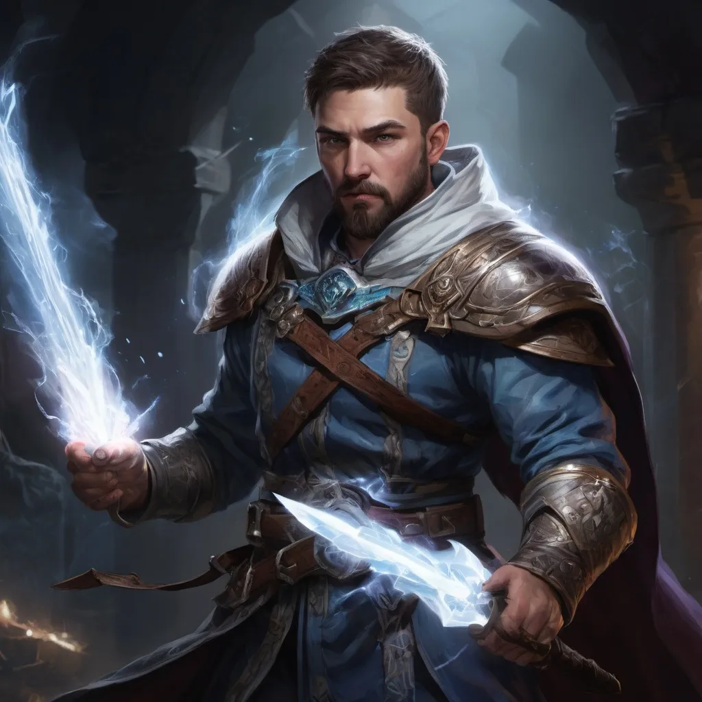 Prompt: Male stocky large battle-mage with short-cut hair and beard, engaged in combat casting a white-light spell inside of a dark dungeon, pathfinder, d&d setting, enhanced shadow quality, colorful